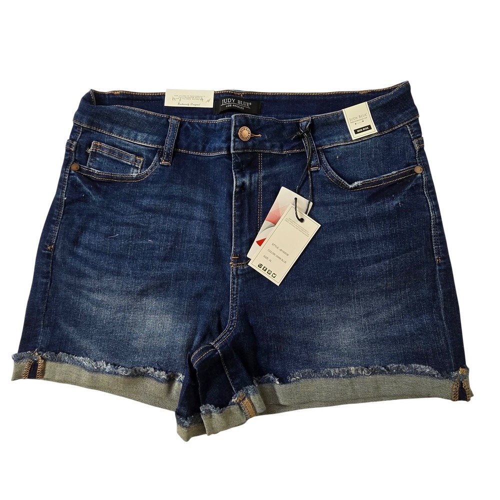 Judy Blue Womens Mid Rise Cuffed Raw Hem Denim Shorts Dark Blue XL JB150036